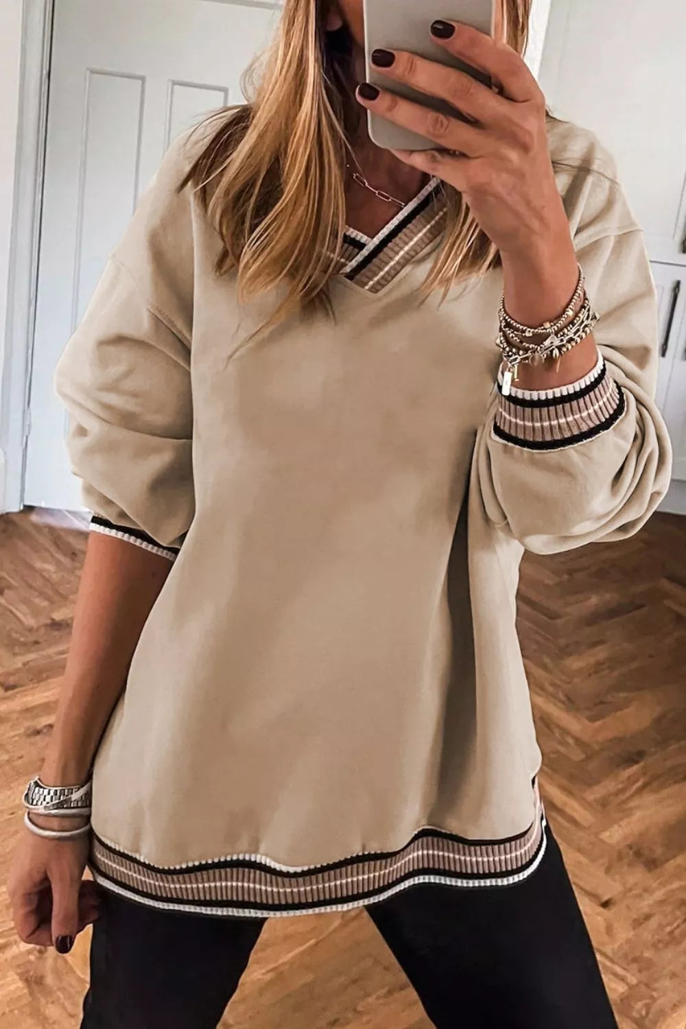 Casual V-Neck Striped Trim Pullover 