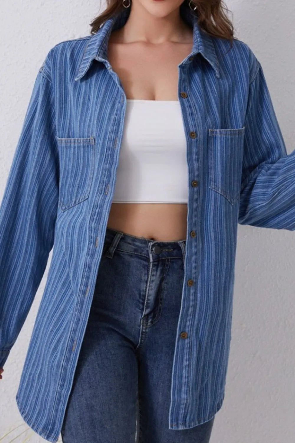 Striped Texture Collared Neck Denim Top 