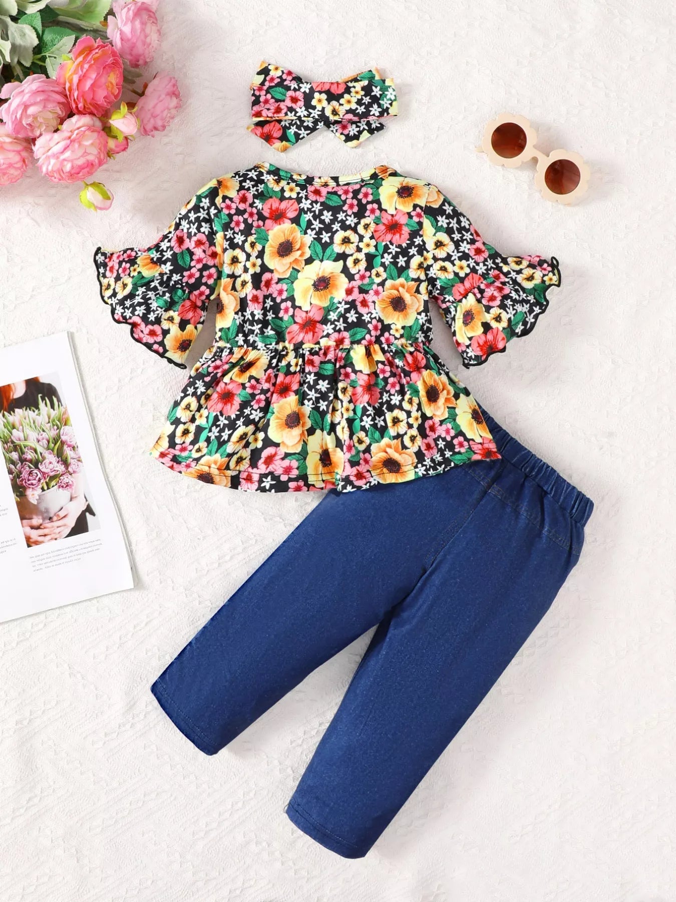 Children's Floral Bell Sleeve Top and Pants Set 