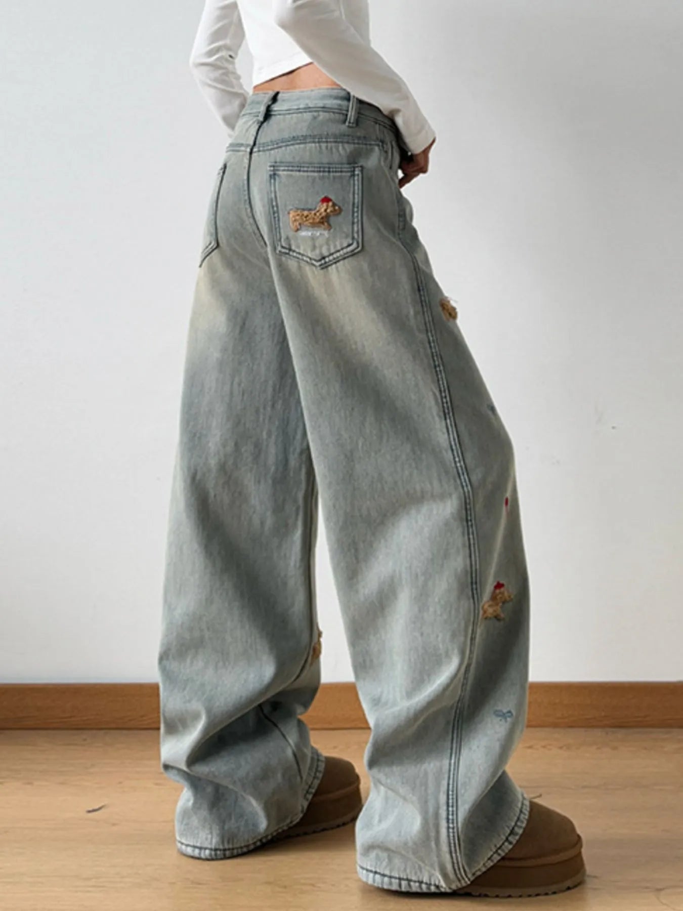 Embroidered Wide Leg Jeans 