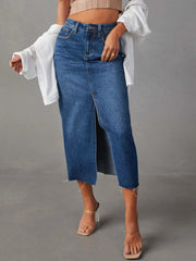 Raw Hem Front Slit Denim Midi Skirt 