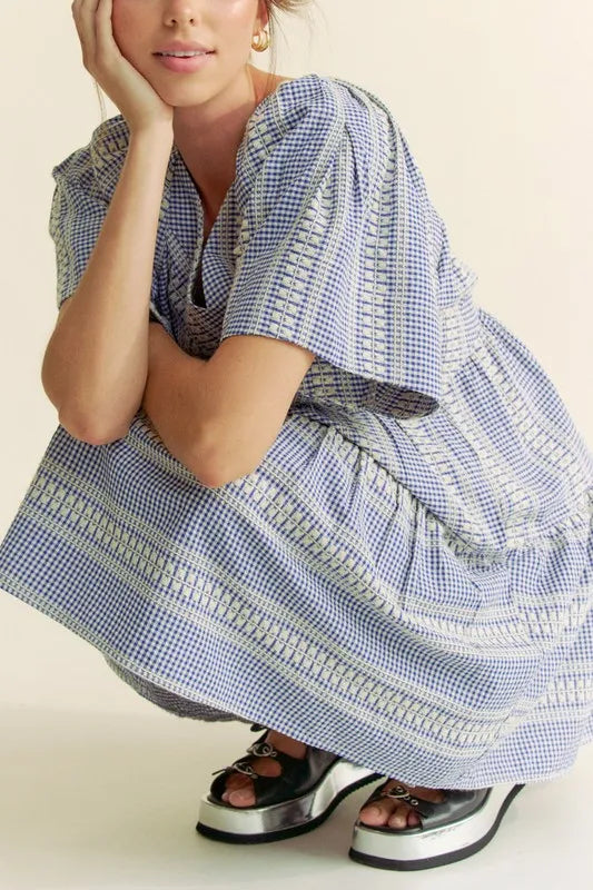 Davi & Dani Embroidered Stripe Ruffled Gingham Mini Dress 