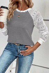 Striped Lace Raglan Sleeve Blouse 