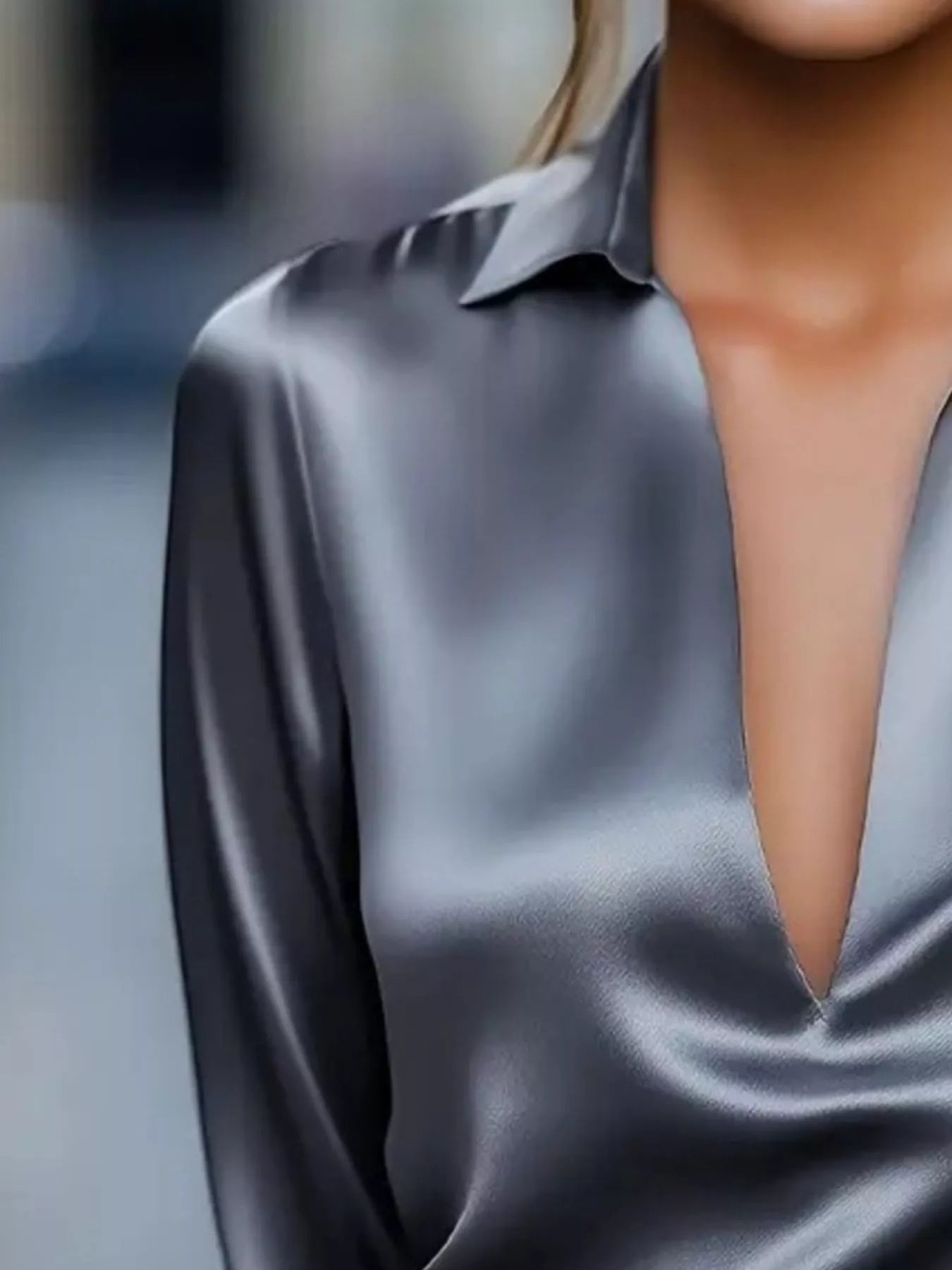 Satin Johnny Collar Long Sleeve Blouse 