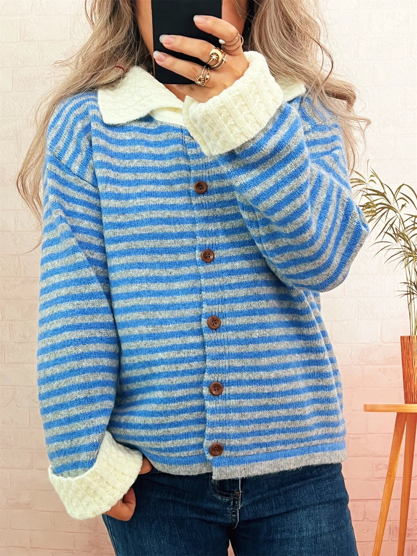 Striped Knit Button Down Cardigan with Collar 