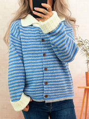Striped Knit Button Down Cardigan with Collar 