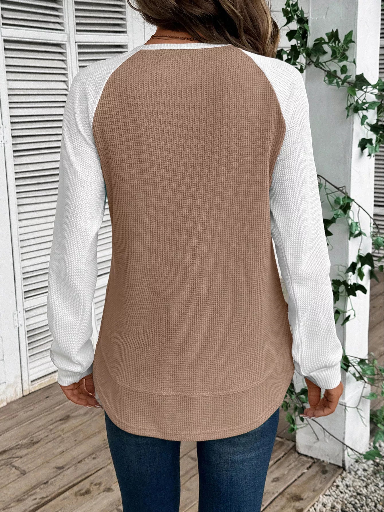Contrast Raglan Sleeve Waffle Knit T-Shirt 
