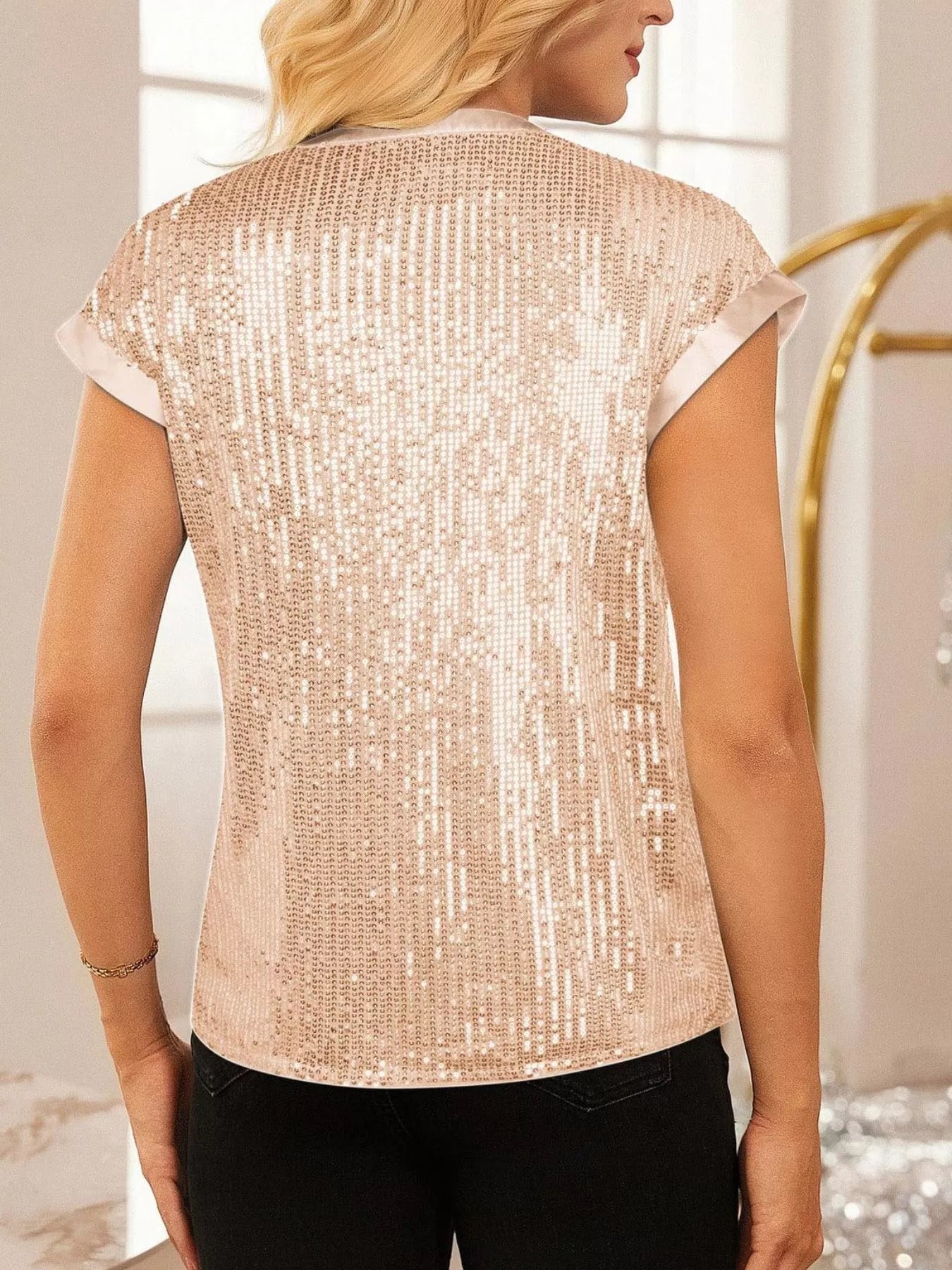 Sequin Notched Cap Sleeve Blouse 