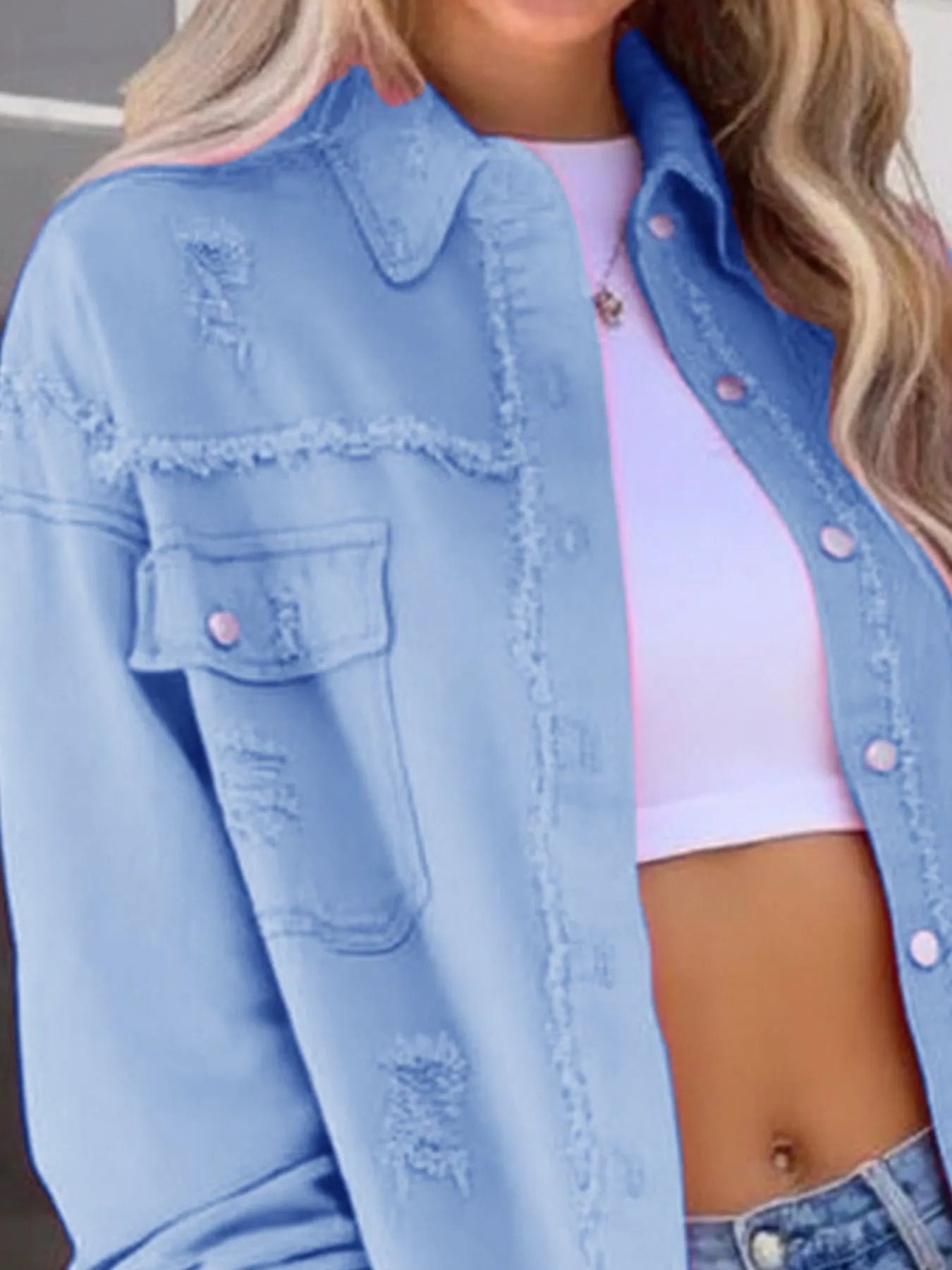 Distressed Denim Jacket with Frayed Edges 
