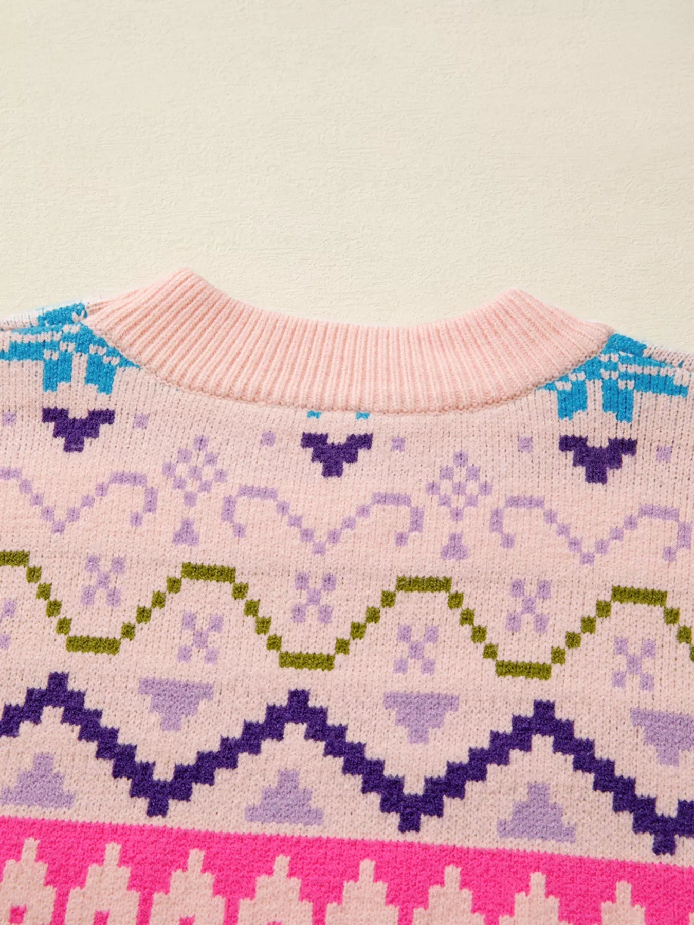 Multicolour Ethnic Christmas Pattern Knit Feather Cuffed Sweater 