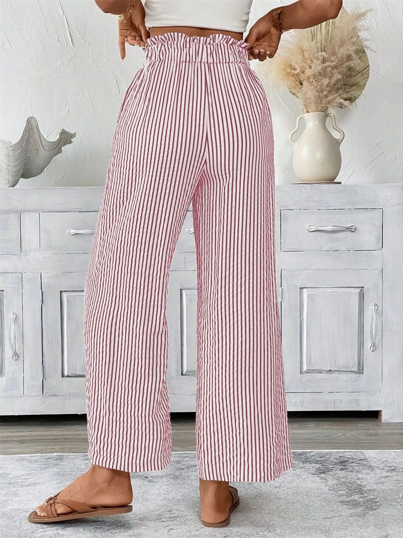 Full Size Striped Wide Leg Paper Bag Pants Plus Size 