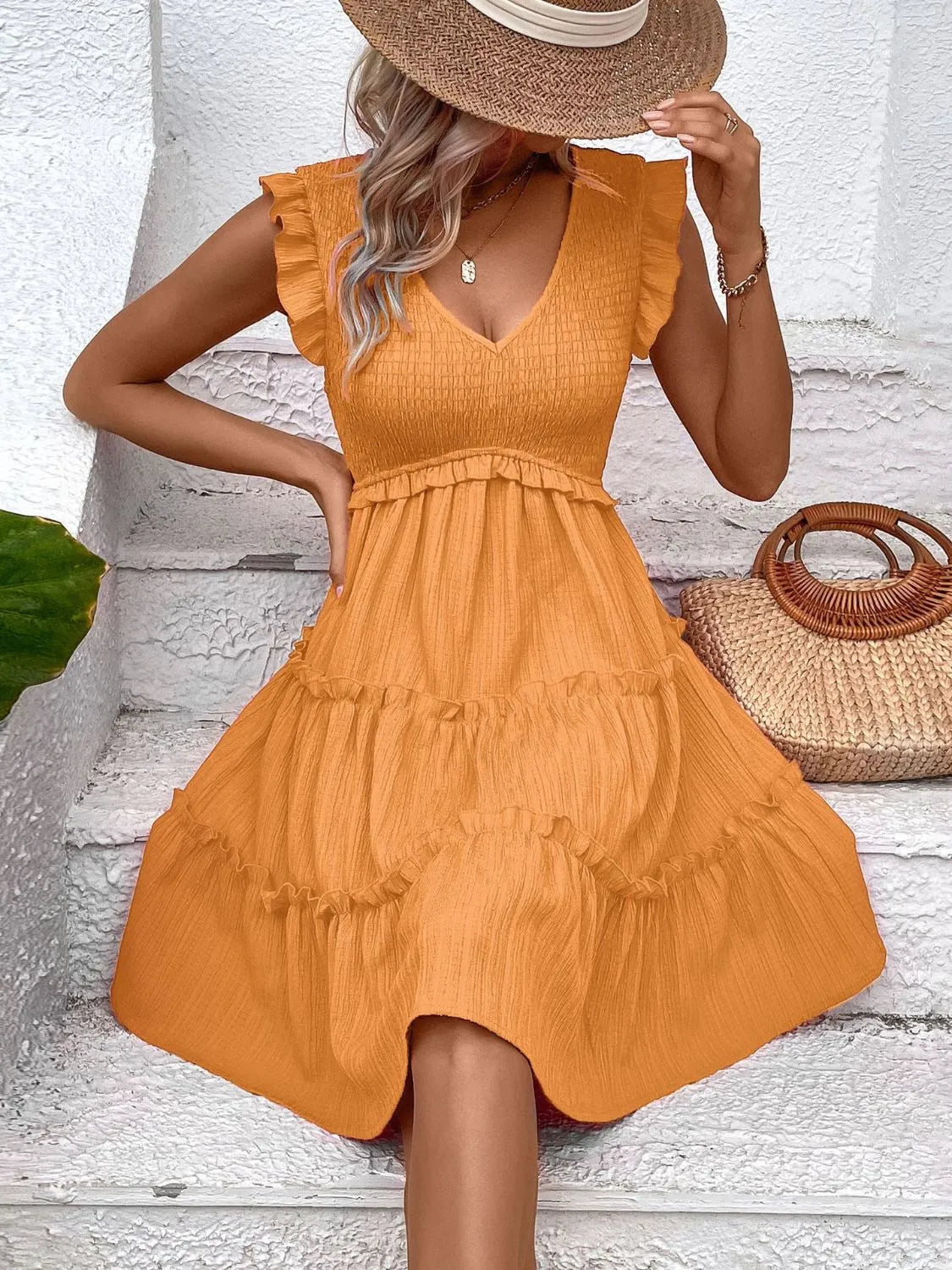 Ruffled V-Neck Cap Sleeve Dress 
