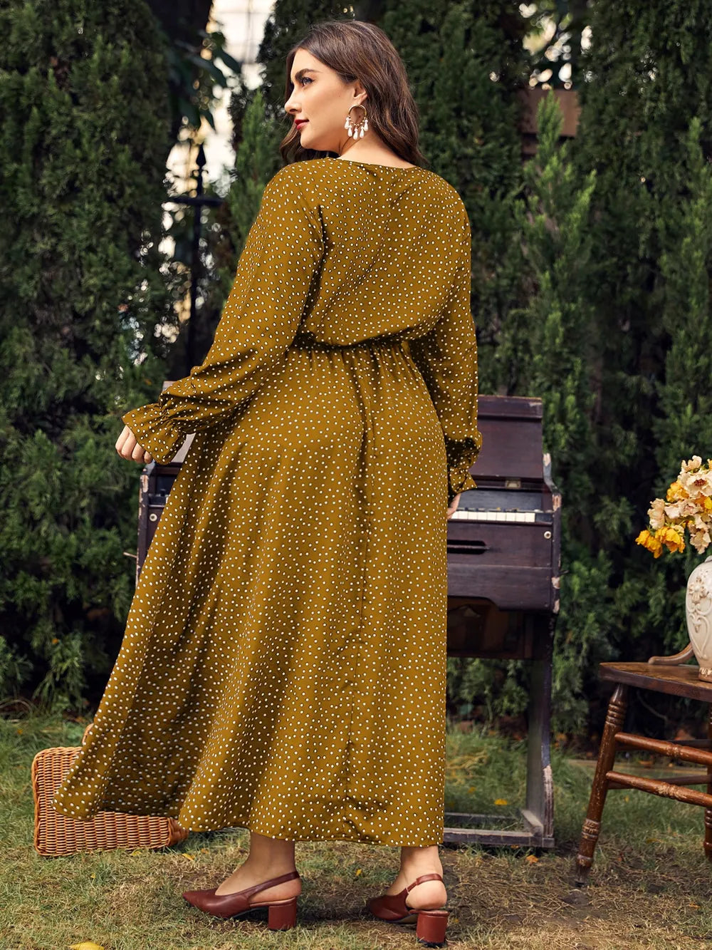 Honey Plus Size Ruffled Polka Dot Long Sleeve Midi Dress 