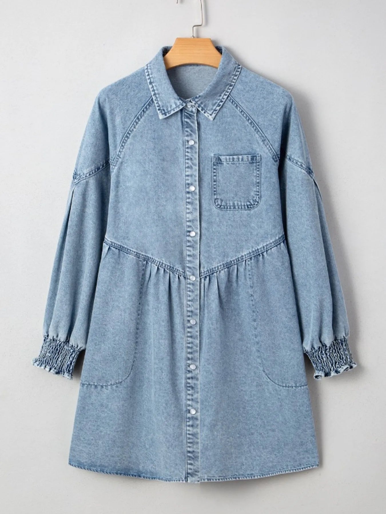 Button-Up Denim Shirt Dress with Smocked Cuffs 