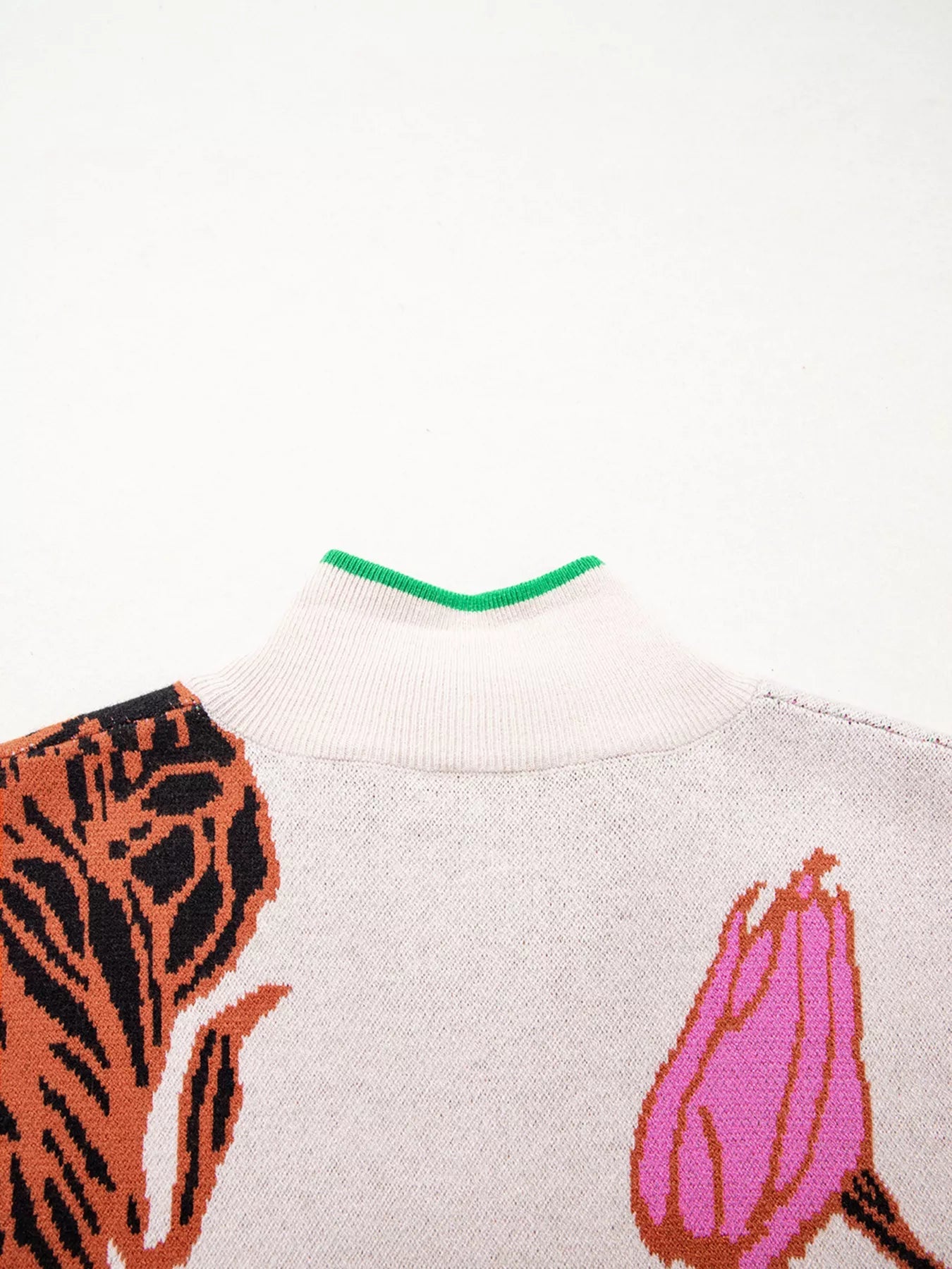 Floral Pattern Knit Quarter Zip Stand Neck Sweater 