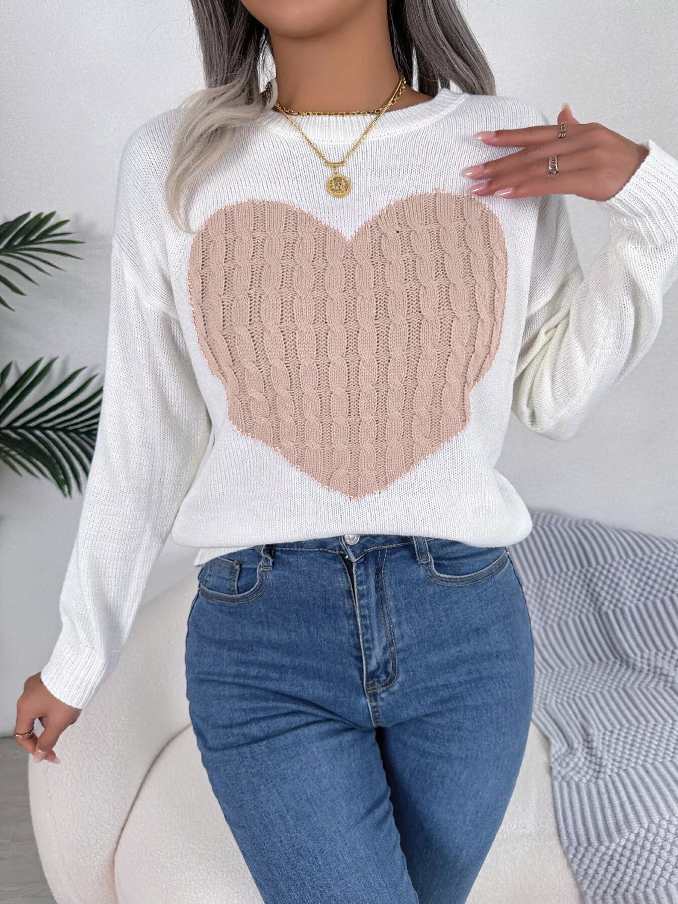 Cable Knit Heart Round Neck Sweater 