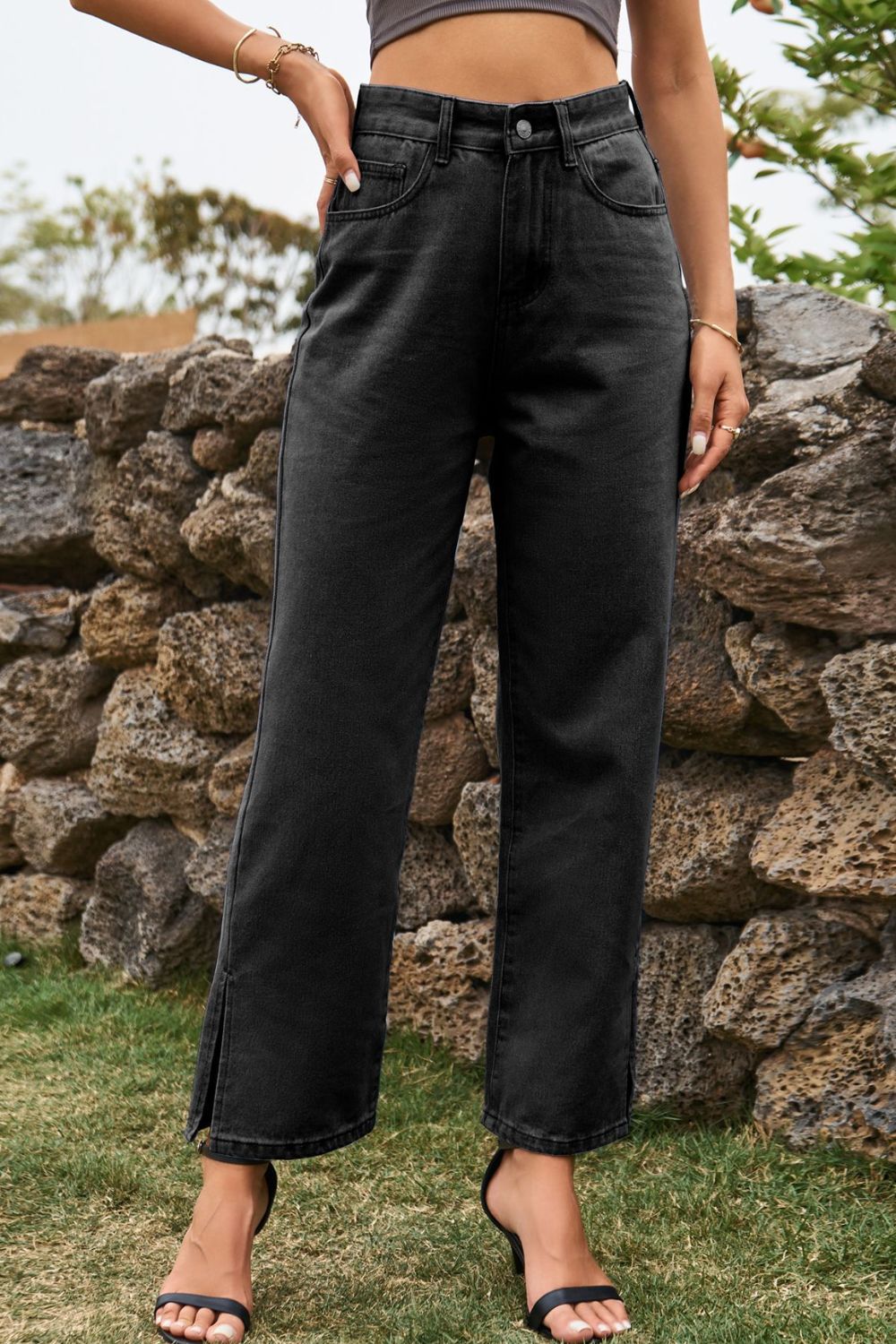 High Waist Loose Fit Ankle Slit Jeans 