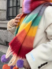 Rainbow Striped Fuzzy Scarf with Pom-Poms 