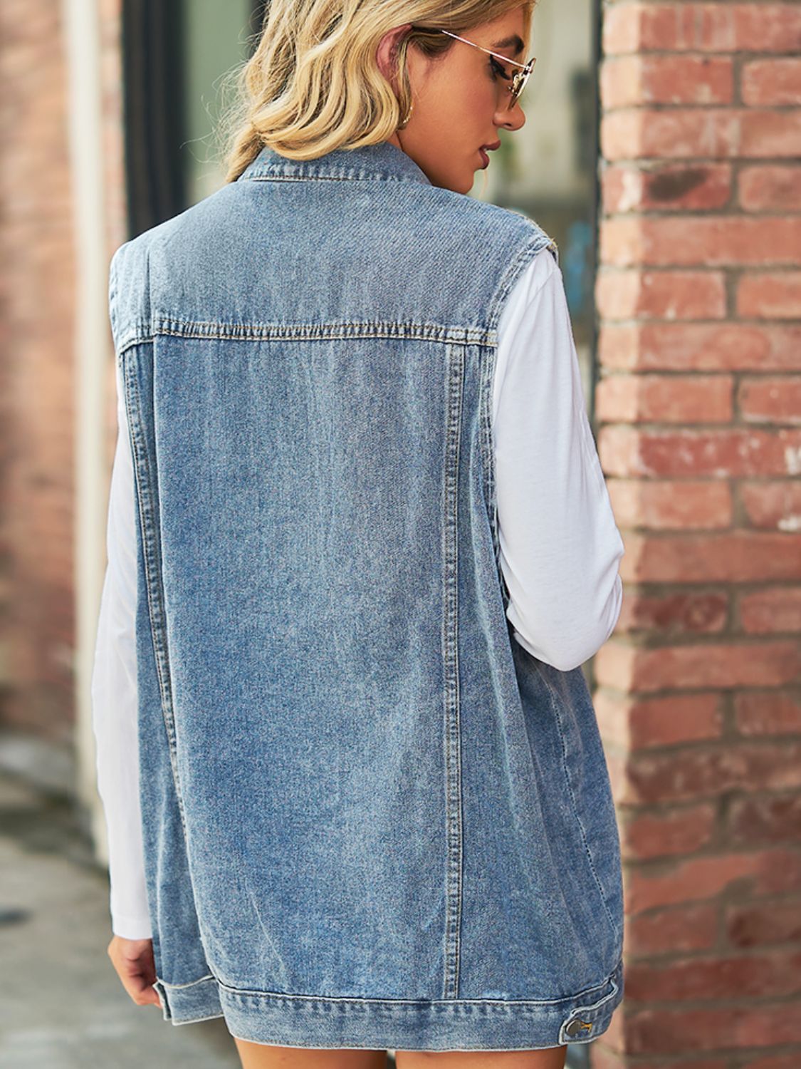 Collared Neck Sleeveless Denim Top with Pockets 