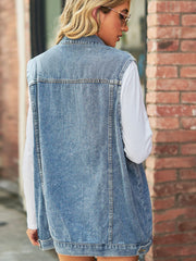 Collared Neck Sleeveless Denim Top with Pockets 