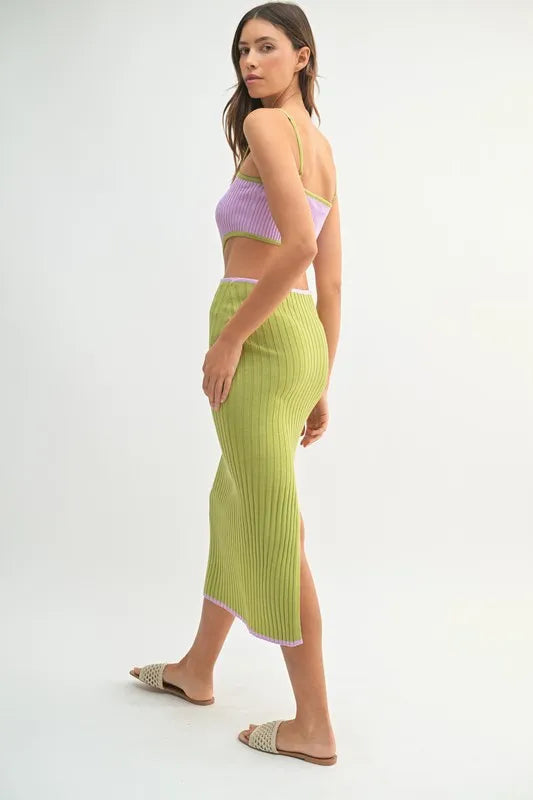 MABLE Ribbed Knit Color Block Cutout Midi Dress 