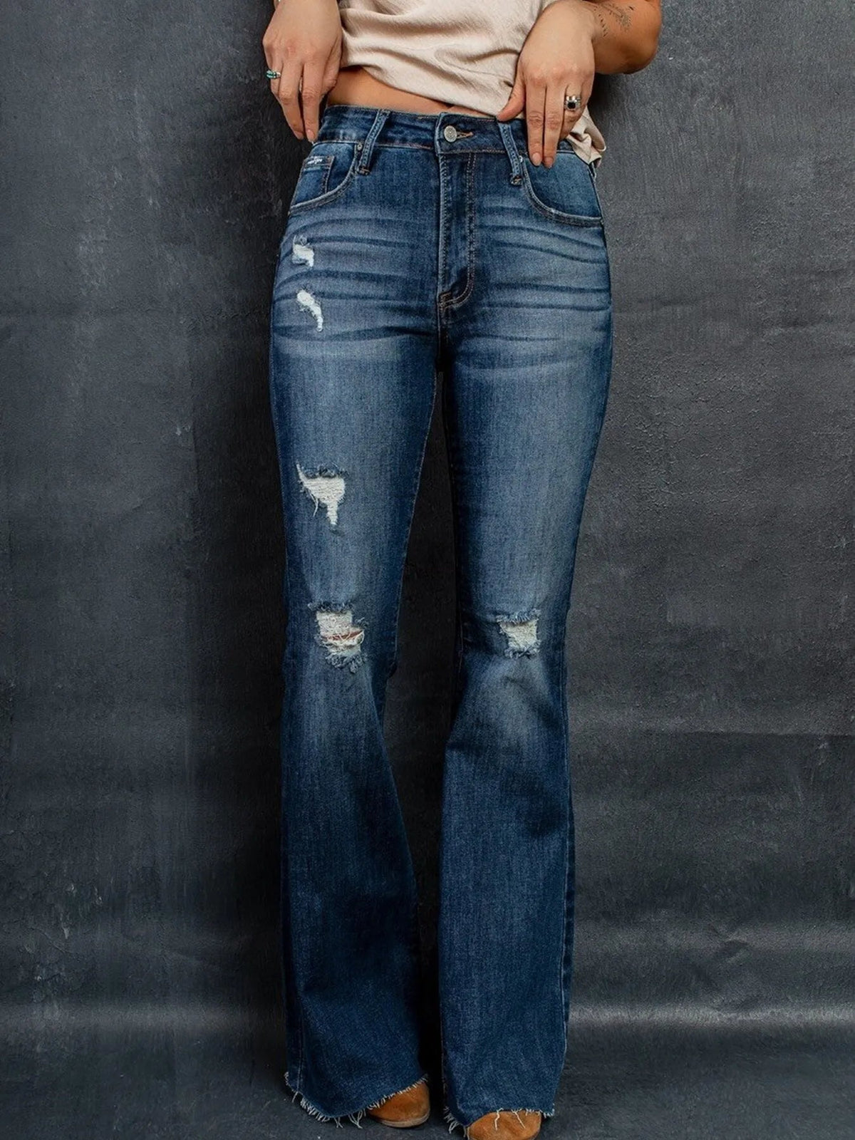 Distressed High-Waisted Flare Jeans 