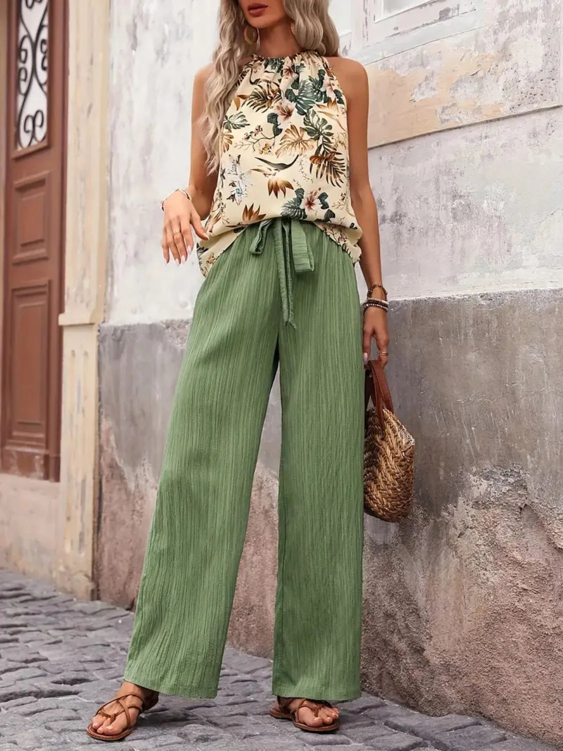 Printed Tank Top and Wide Leg Pants Set 