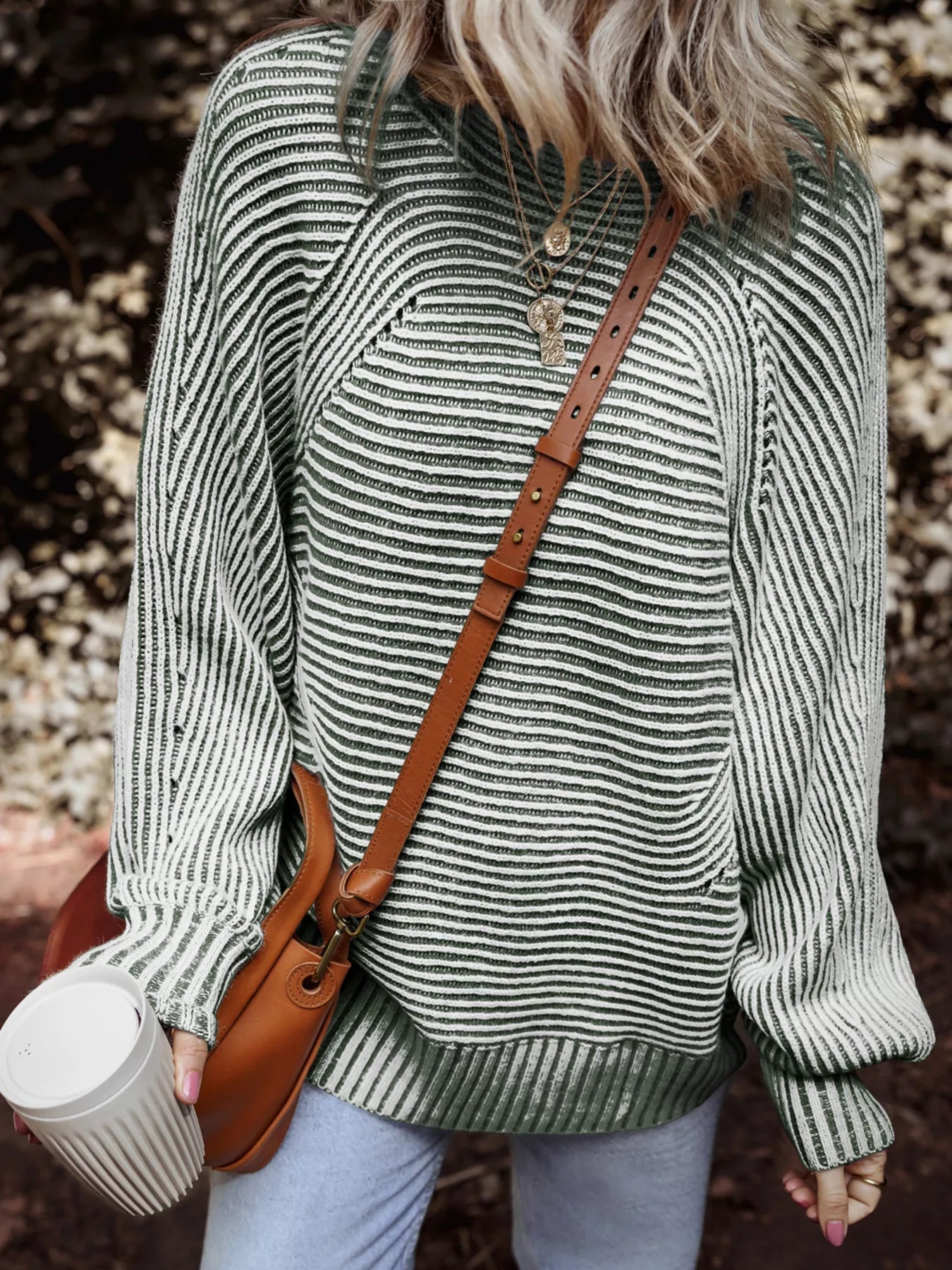 Striped Ribbed Knit Boat Neck Baggy Sweater 