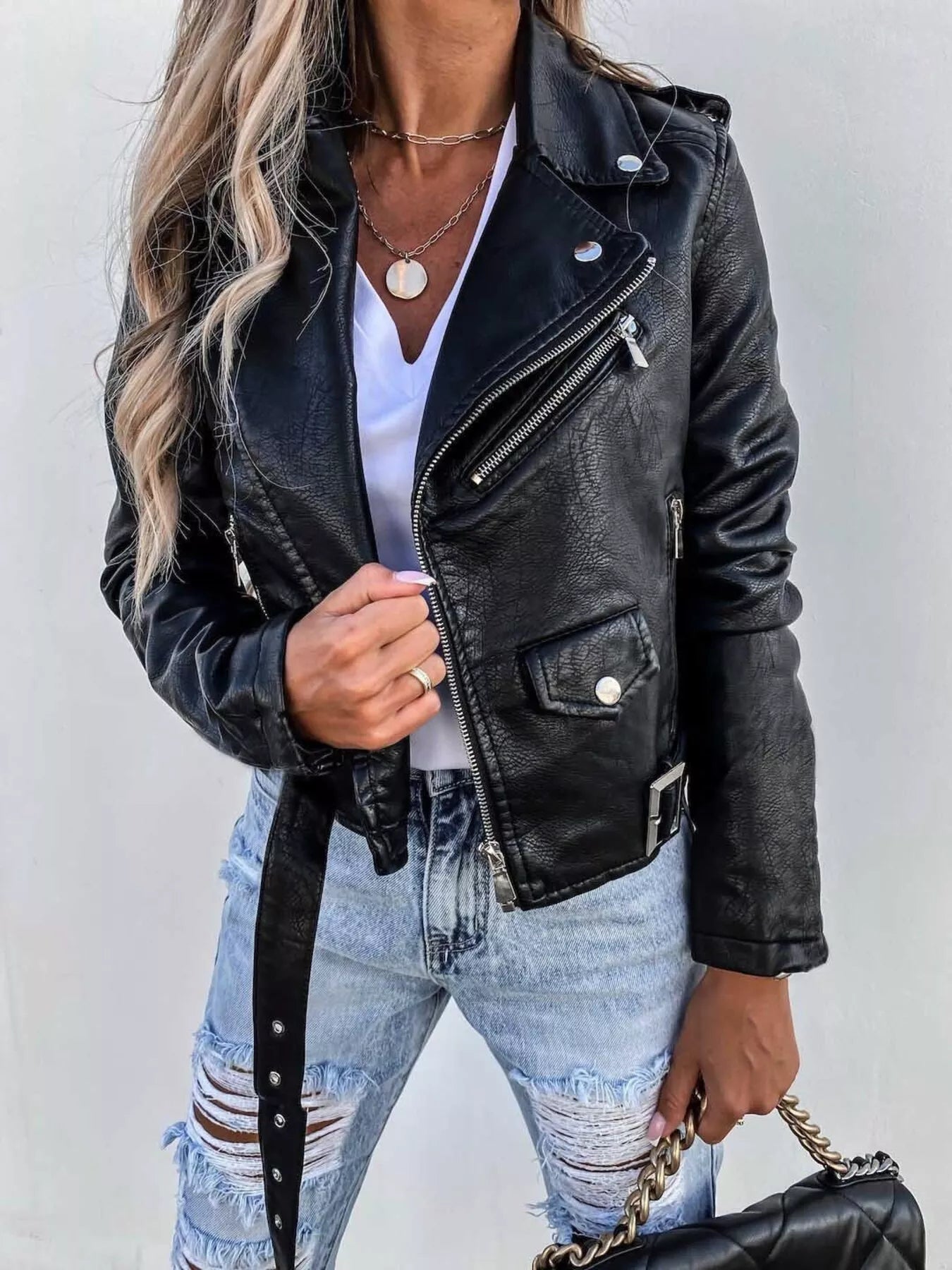 Full Size Zip Up Leather Motorcycle Biker Jacket Plus Size 