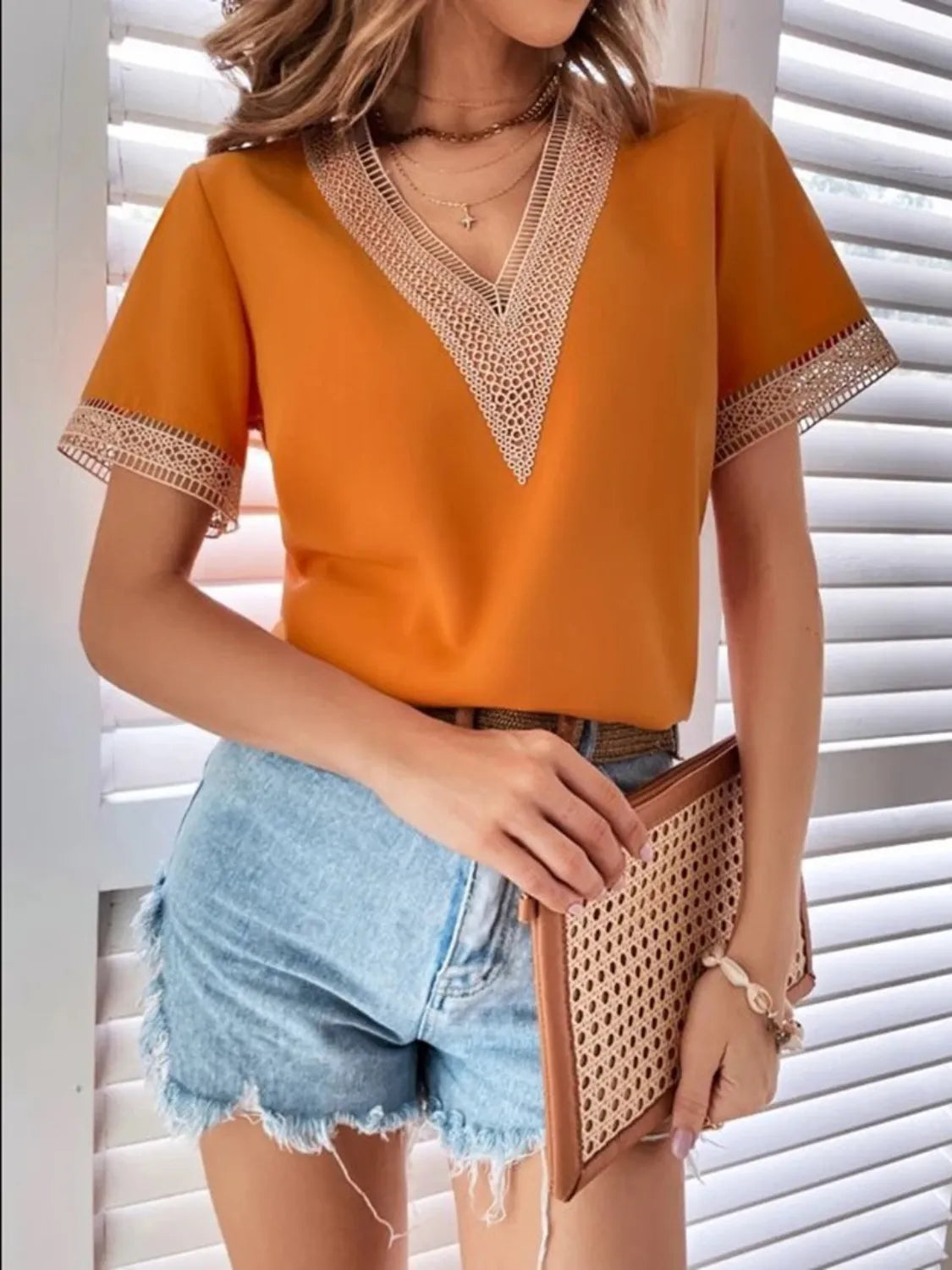 Full Size Contrast V-Neck Short Sleeve Blouse Plus Size 
