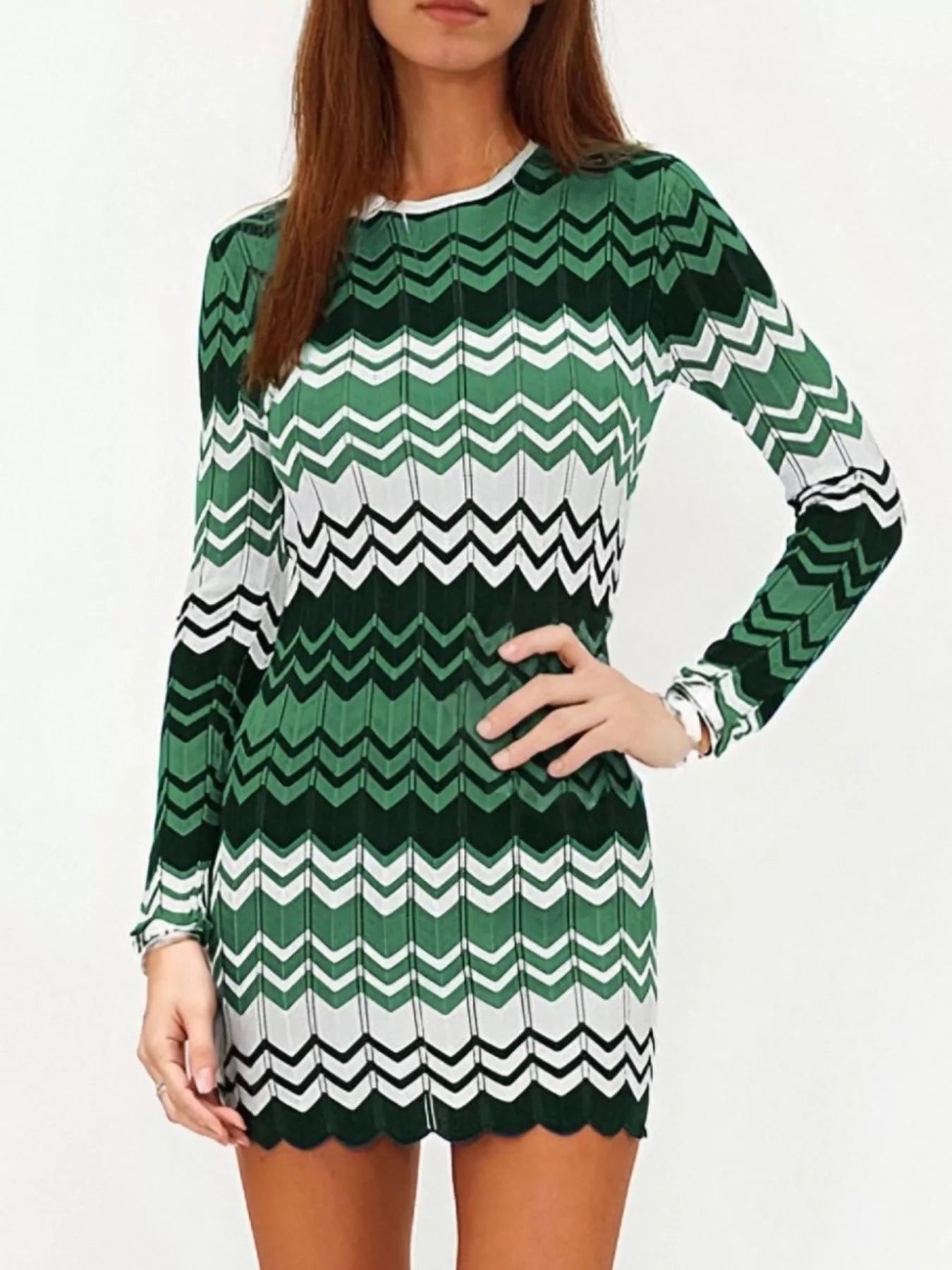 Openwork Wave Pattern Long Sleeve Sweater Dress 