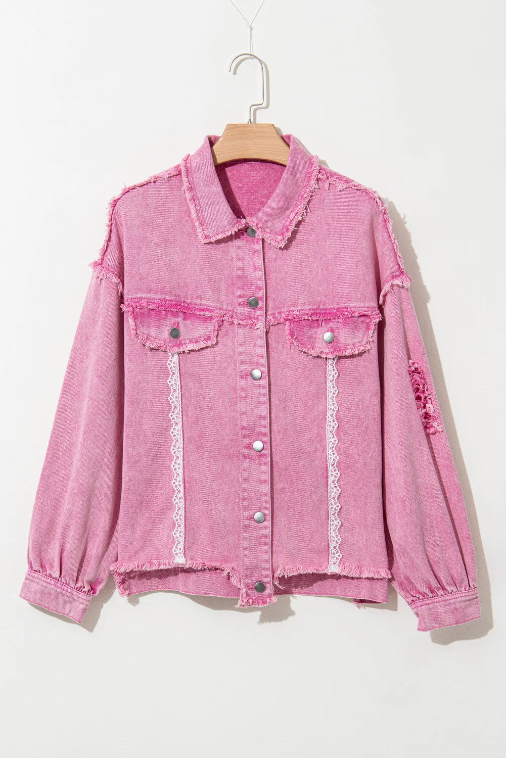 Lace Detail Distressed Raw Hem Long Sleeve Denim Jacket 