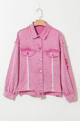 Lace Detail Distressed Raw Hem Long Sleeve Denim Jacket 
