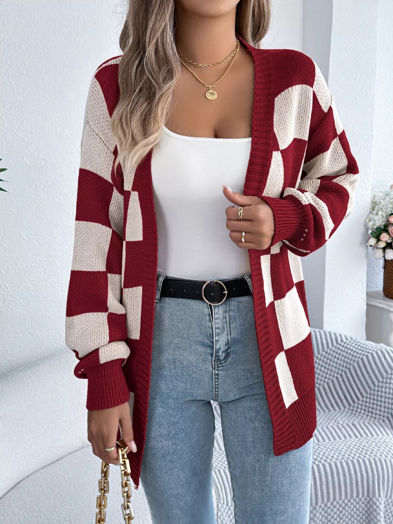 Checkered Pattern Open Front Cardigan 