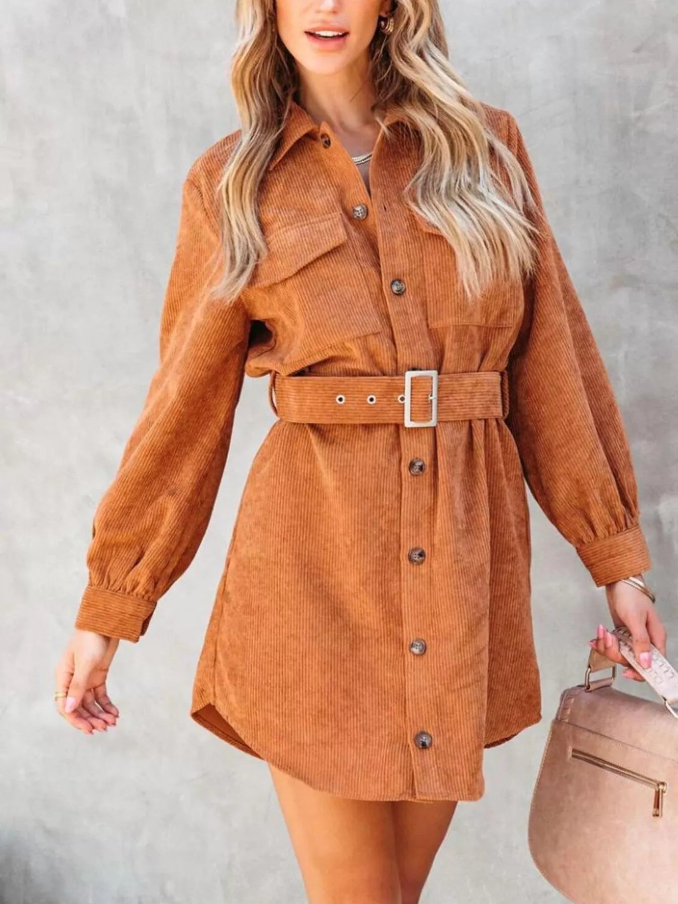 Button Front Belt Long Sleeve Corduroy Dress 