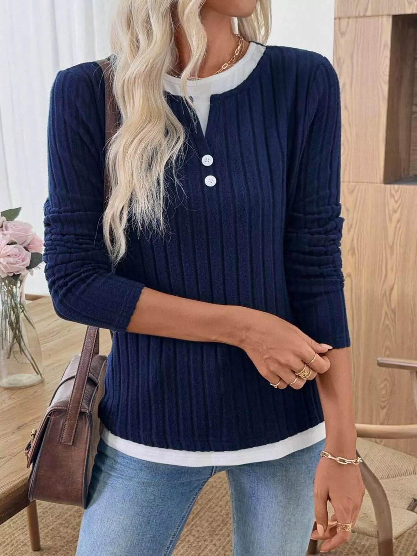 Ribbed Knit Button Detail Contrast Sweater 