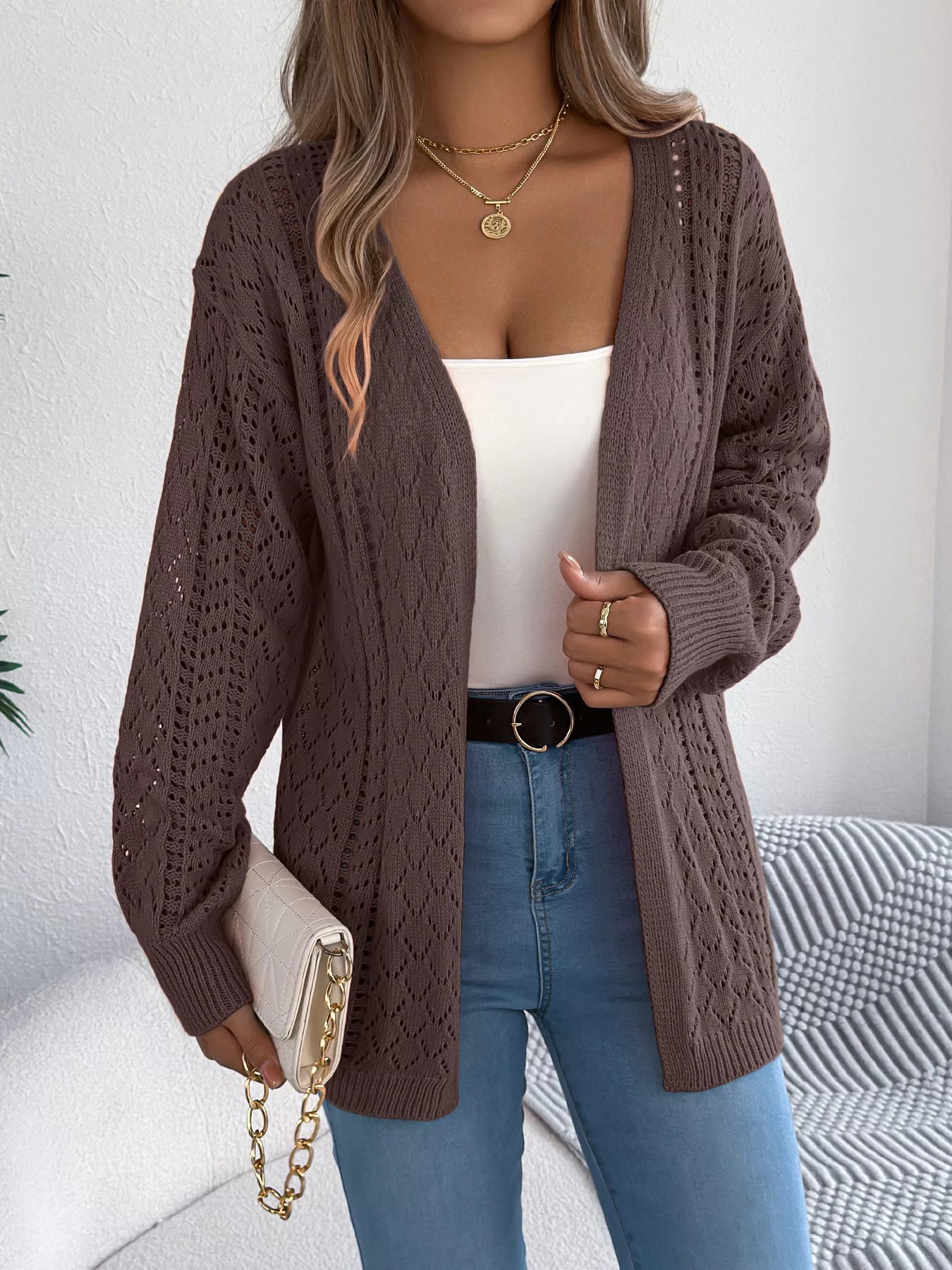 Openwork Open-Front Long Sleeve Cardigan 