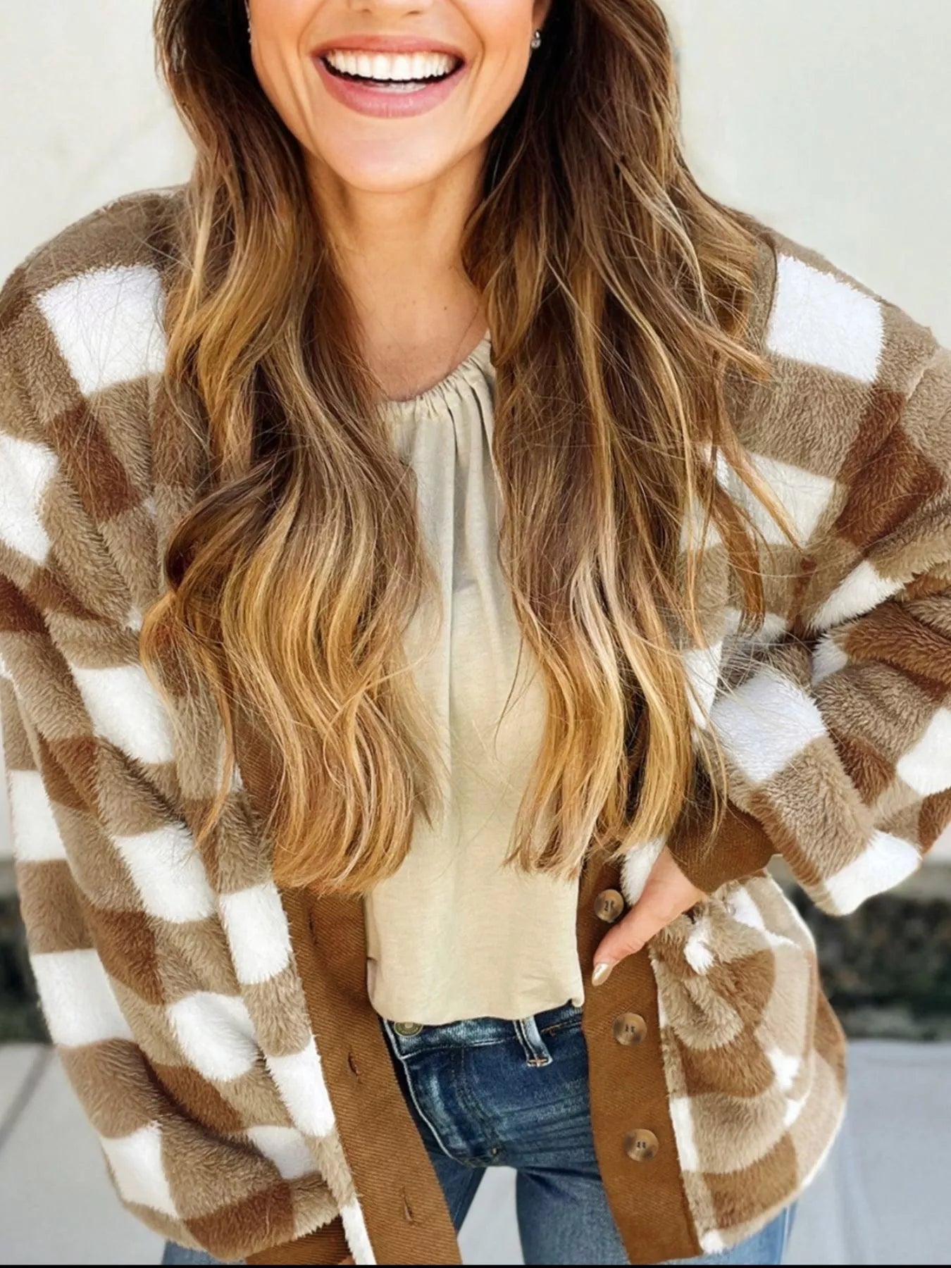 Checkered Sherpa Loose Knit Cardigan with Pockets 