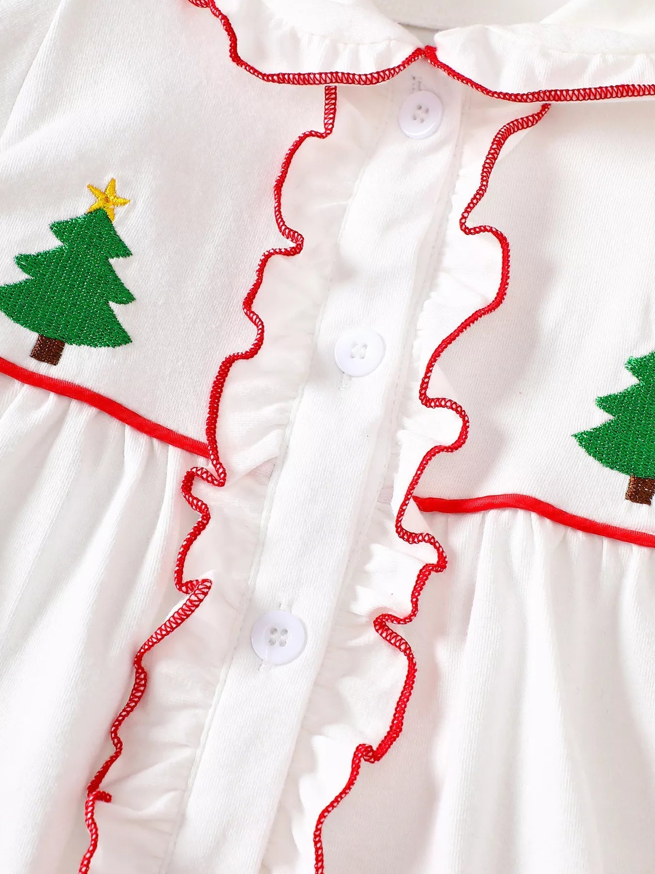 Children's Christmas Tree Embroidered Ruffle Trim Dress 