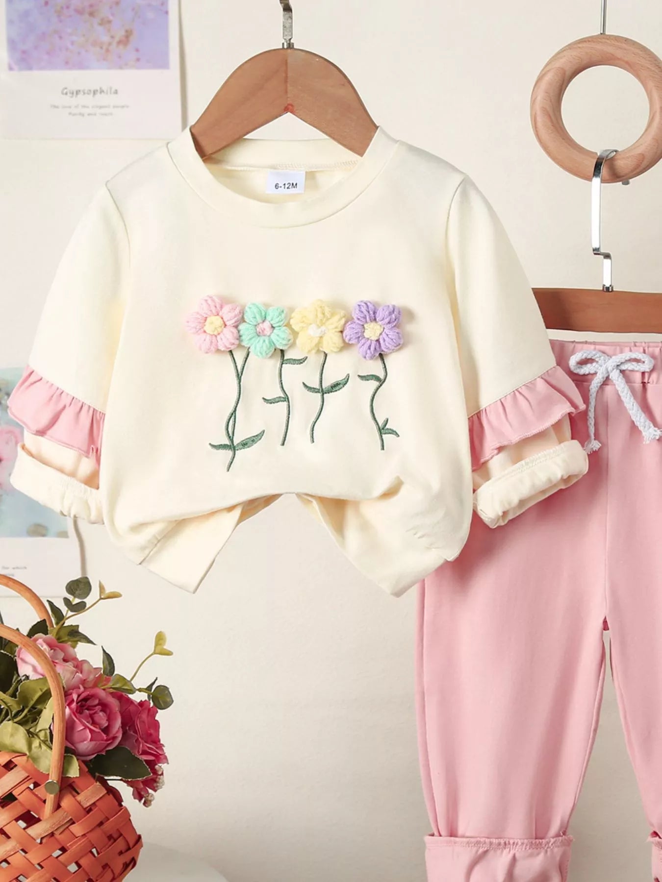Children's Flower Long Sleeve Top and Pants Set 