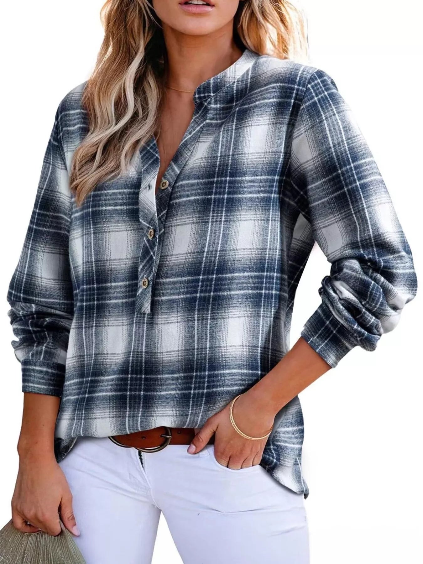 Plaid Half Button Long Sleeve Blouse 