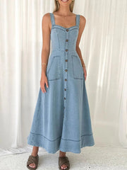 Wide Strap Sweetheart Neck Denim Dress 