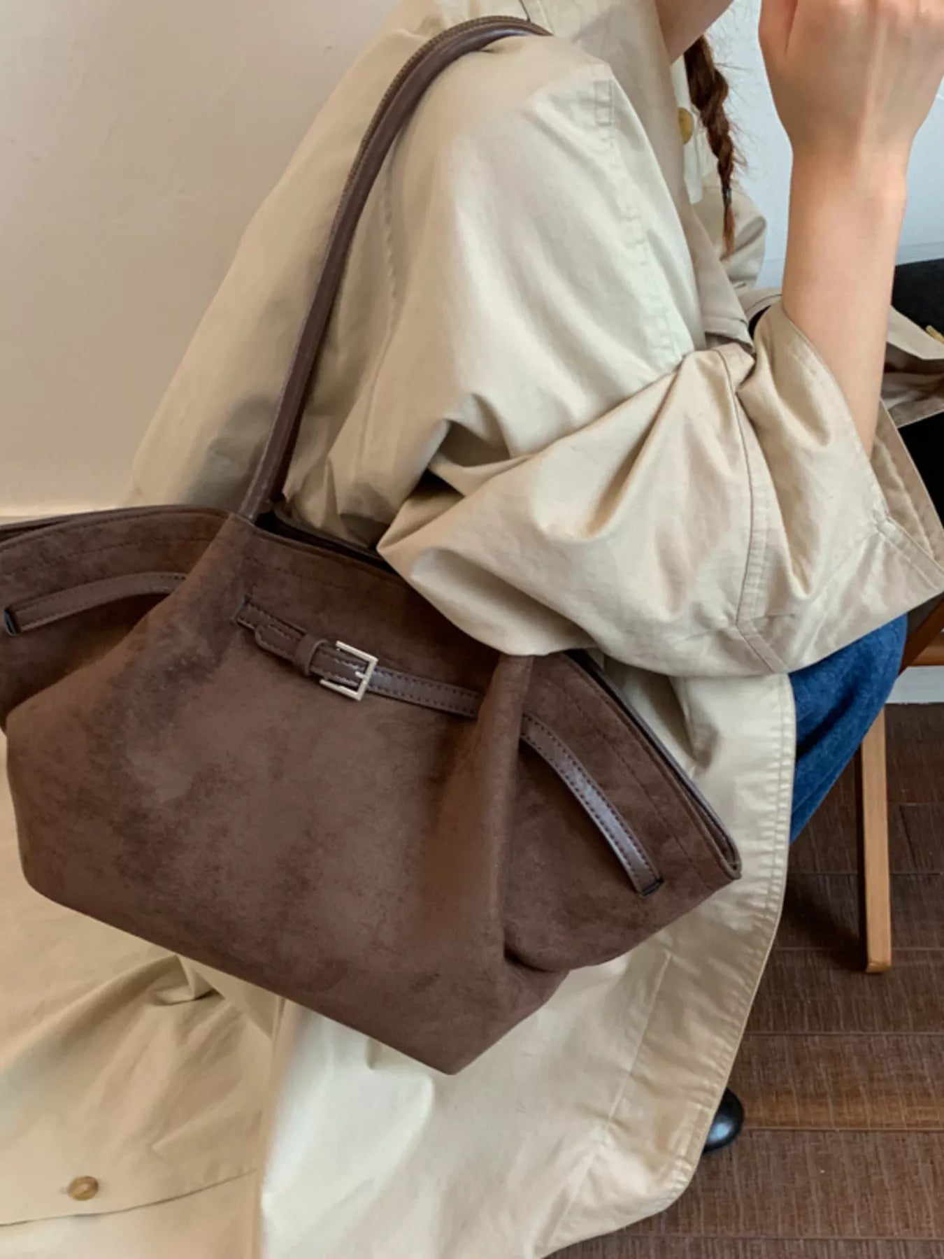 Solid Color Buckle Tote Bag 