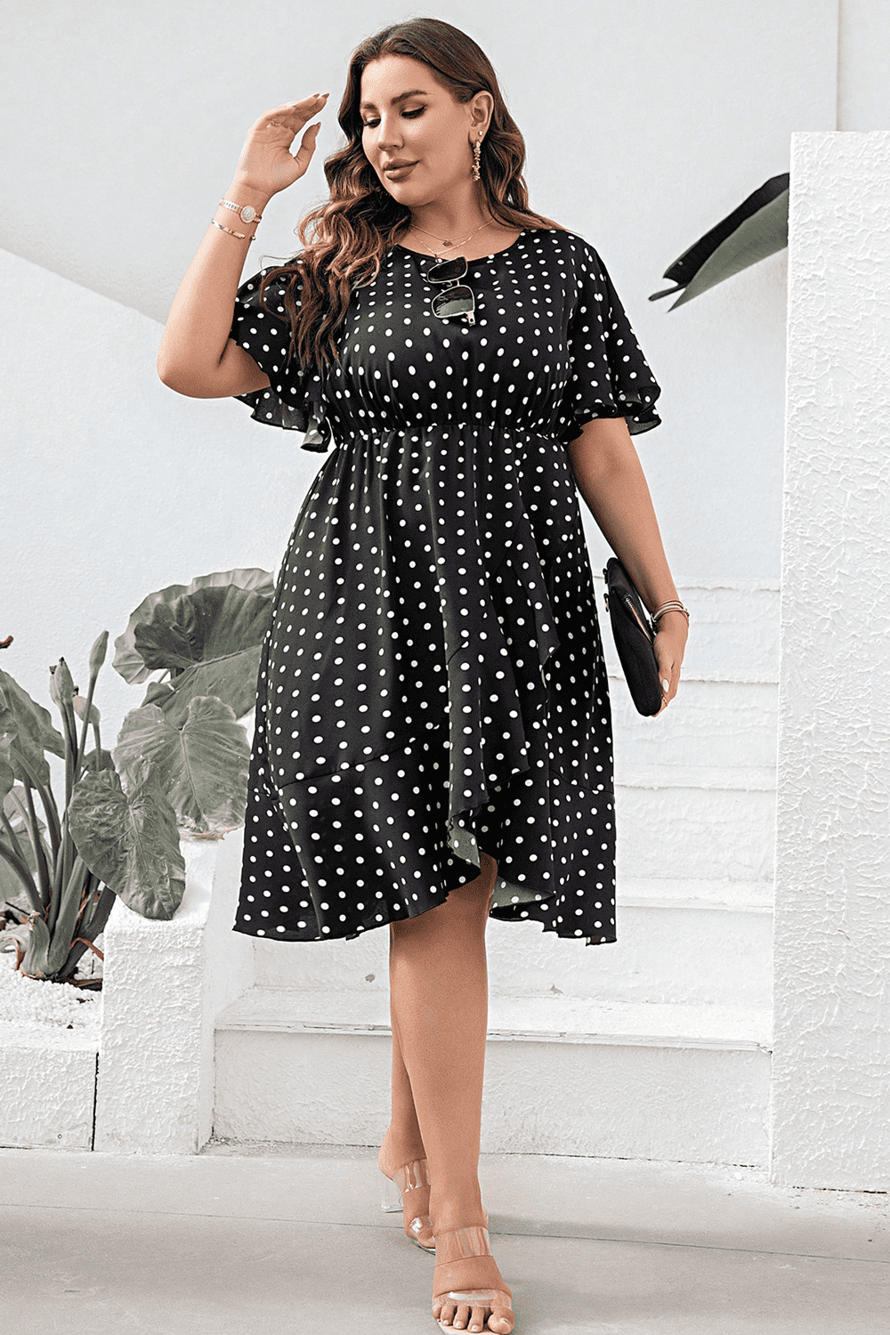 Plus Size Polka Dot Flutter Sleeve Dress 
