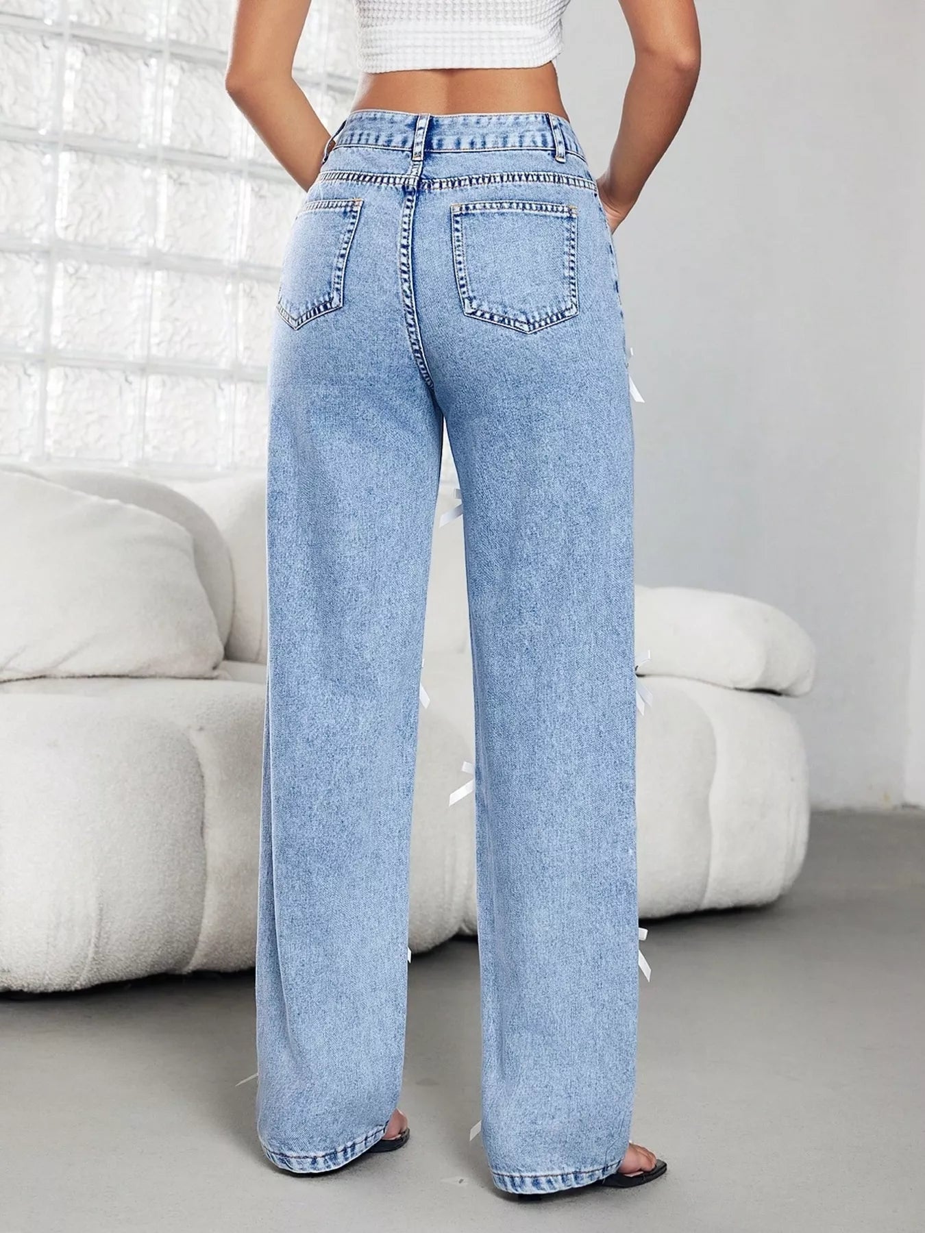 Bow Decor High Waist Wide Leg Jeans 