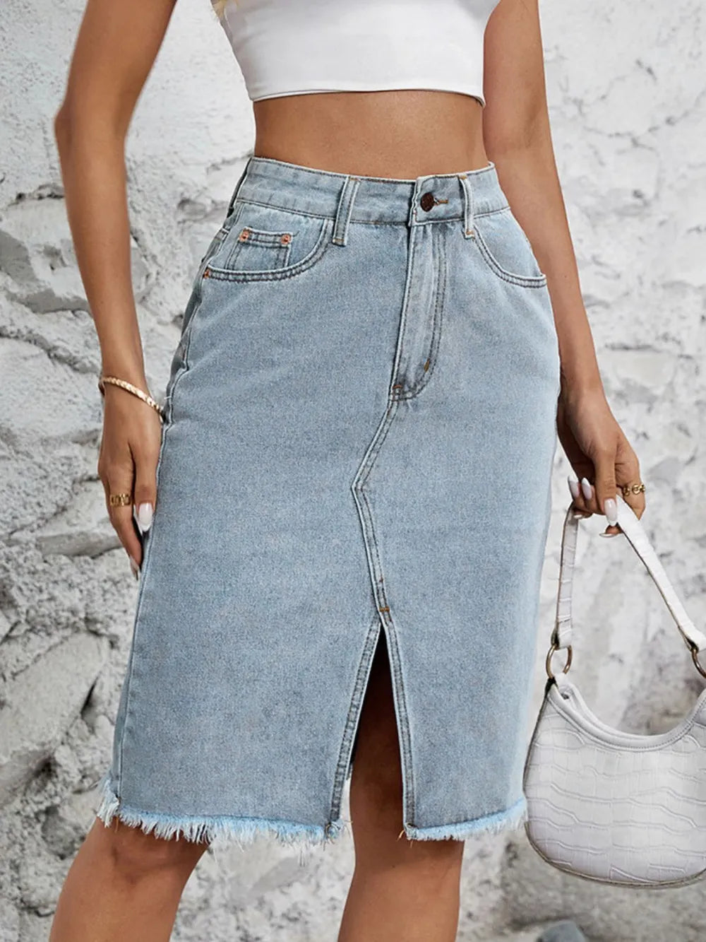 Raw Hem Slit Denim Skirt 