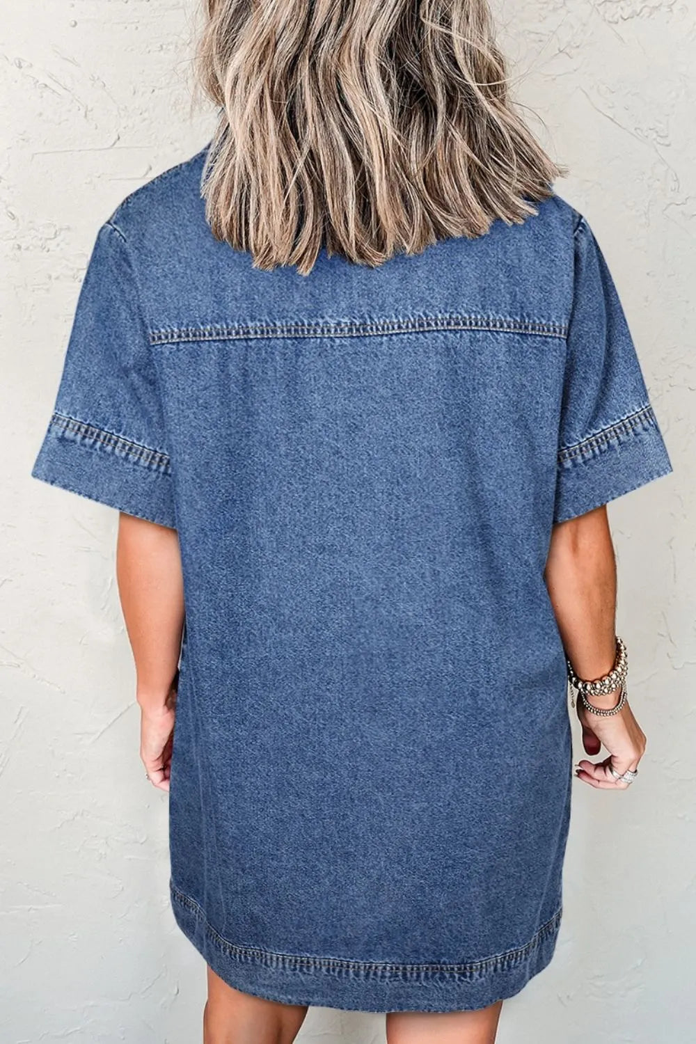 Short Sleeve Collared Patched Pocket Denim Mini Dress 