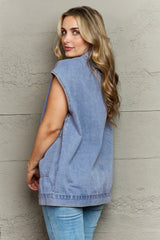 Collared Neck Sleeveless Denim Top with Pockets 