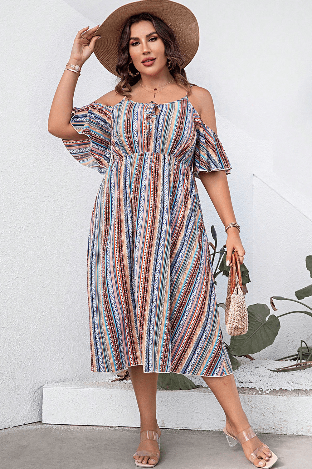 Plus Size Striped Cold-Shoulder Dress 