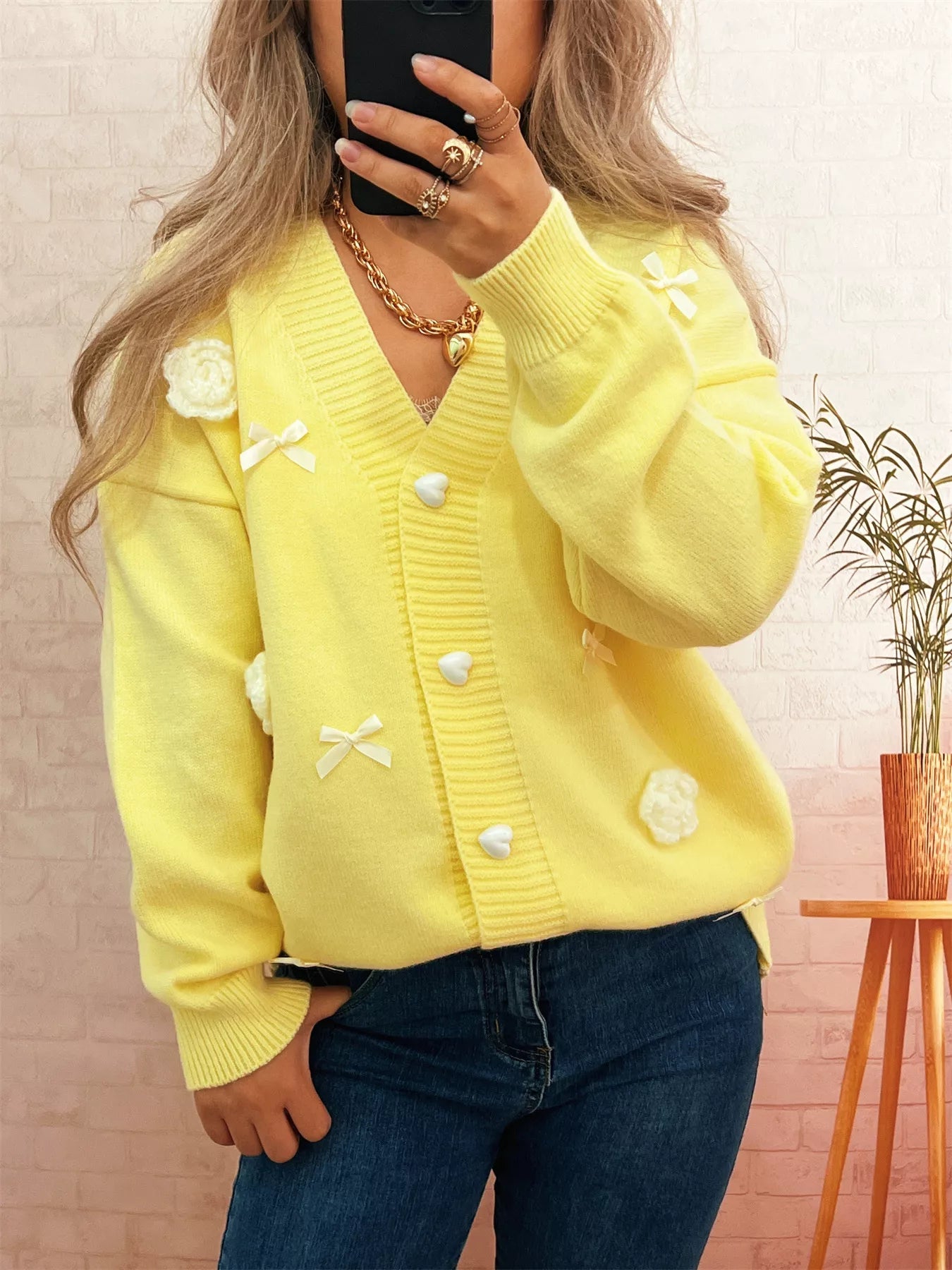 Flower Heart Button Long Sleeve Cardigan 